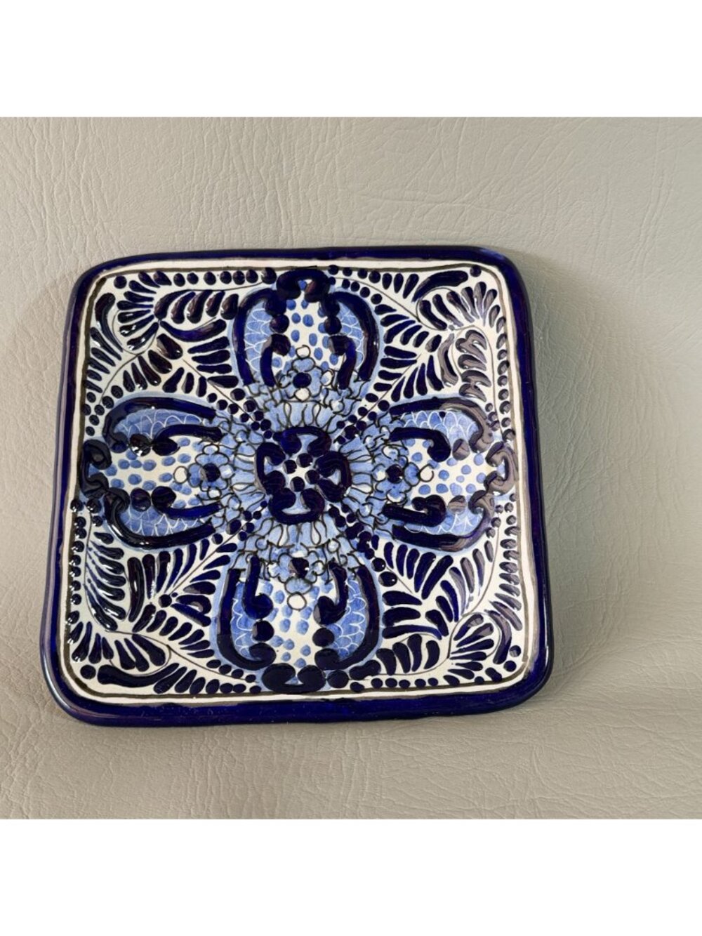 Vintage Talavera Mexican Pottery Square Plate Cobalt Blue White Signed 7.5" - Picture 2 of 11